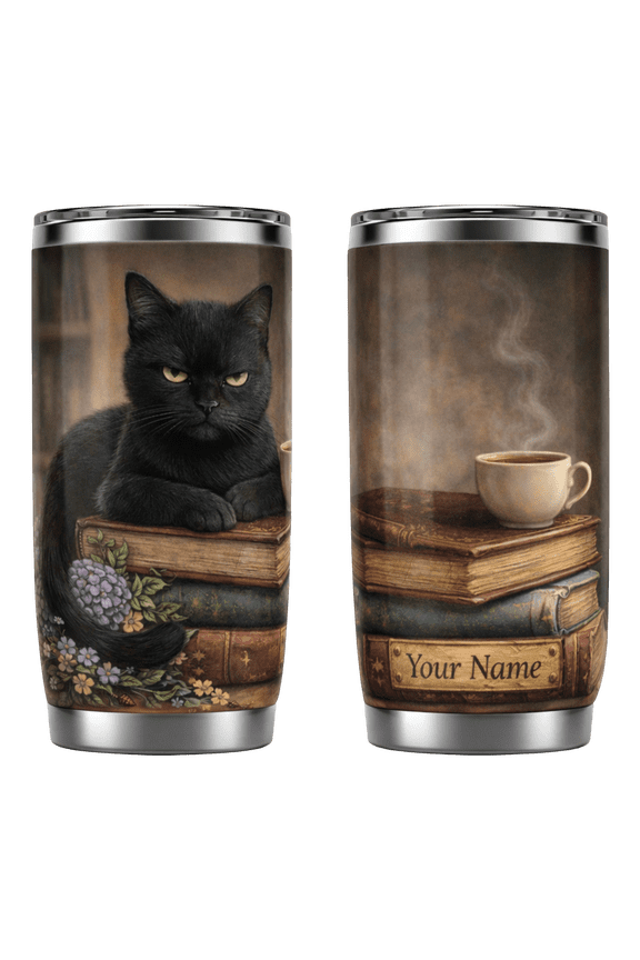 Personalized Cute Cat Book Floral Stainless Tumbler 20oz, Animal Gift Insulated Drinkware for Coffee Travel Daily Use