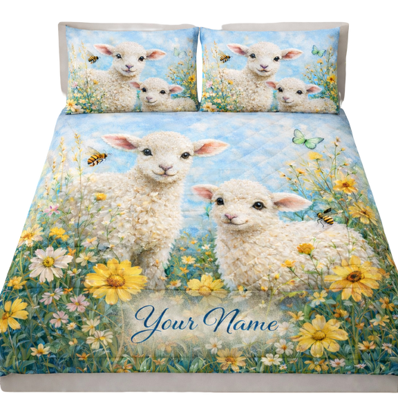 Lotusprint LLC Personalized Cute Sheep Farm Animal Quilt Bedding Set, Farm Theme Bedding Set for Bedroom Decor
