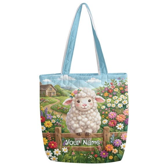 Lotusprint LLC Personalized Cute Sheep Floral Quilted Tote Bag Multicolor, Farm Animal Carryall for Sheep Lovers
