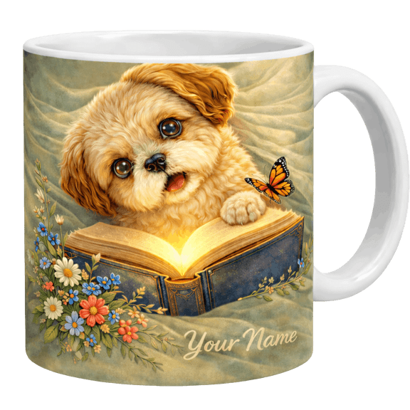 Lotusprint LLC Personalized Dog Floral Book 2D Print Flat Ceramic Mug, Custom Name Gift For Dog Lovers , White