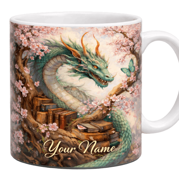Lotusprint LLC Personalized Dragon Sakura Books 2D Print Flat Ceramic Mug, Custom Name Gift For Fantasy Lovers , White