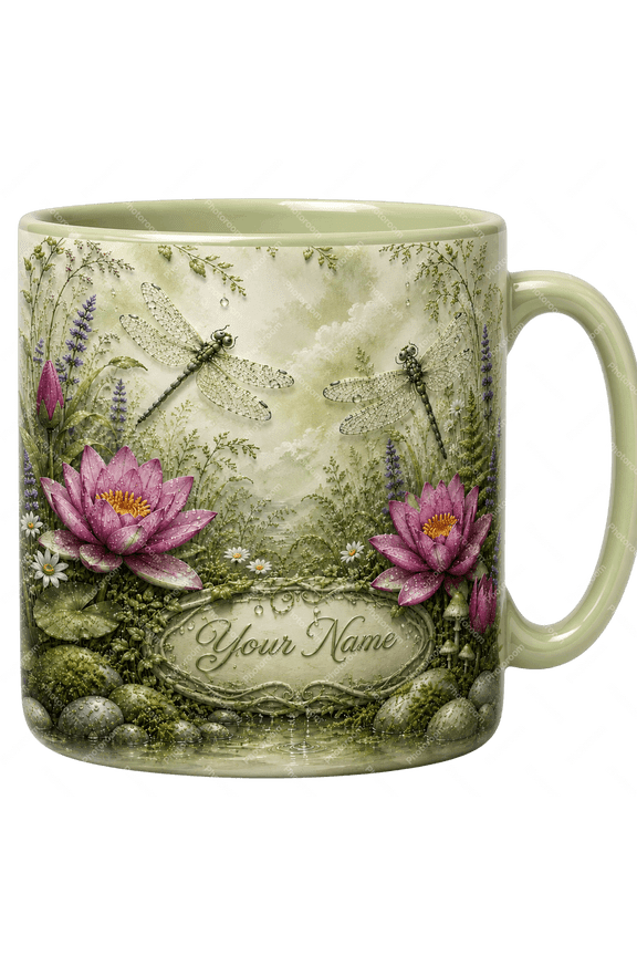 Personalized Dragonfly Lotus 2D Print Flat Accent Mug, Pond Drinkware Gift For Garden Lovers