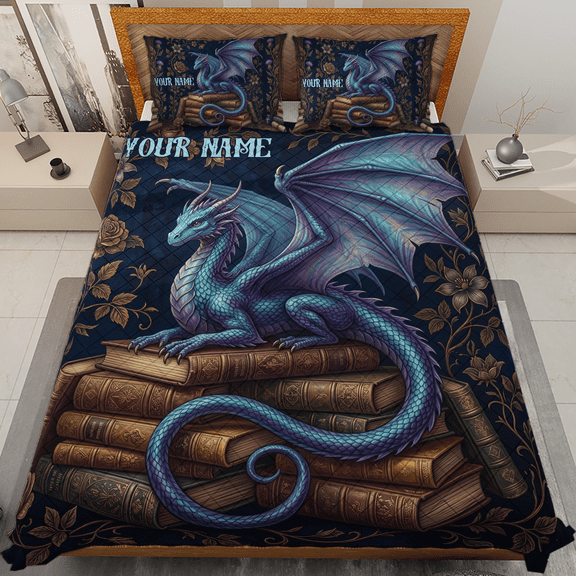 Lotusprint LLC Personalized Fantasy Book Dragon Quilt Bedding Set, Dragon Reader Quilted Comforter Set