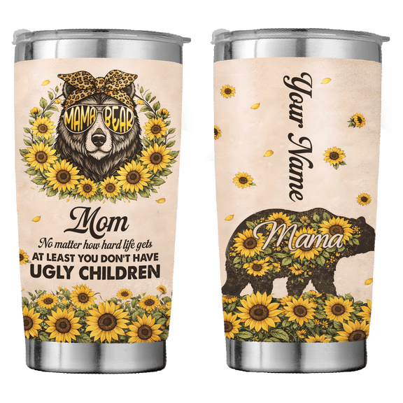 Lotusprint LLC Personalized Floral Bear Stainless Tumbler 20oz Flat 2D Print, floral bear tumbler, mom gift tumbler