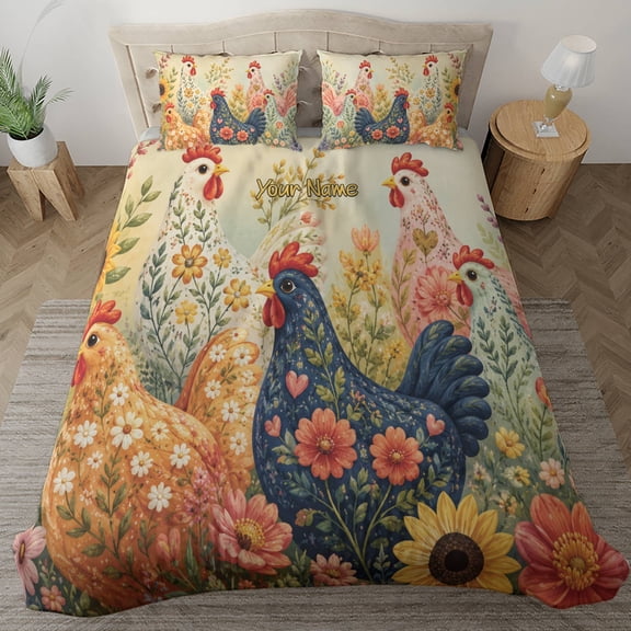 Lotusprint LLC Personalized Floral Chicken Bedding Set, Farmhouse Comforter Set