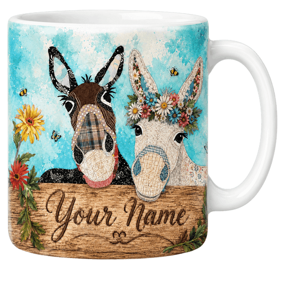 Lotusprint LLC Personalized Floral Donkey 2D Print Flat Ceramic Mug, Farmhouse Animal Ceramic Mug , White