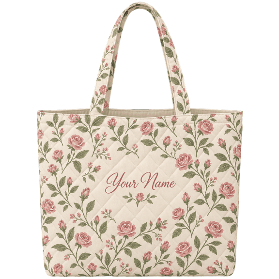 Lotusprint LLC Personalized Floral Quilted Tote Bag, Custom Name Botanical Shoulder Bag for Women