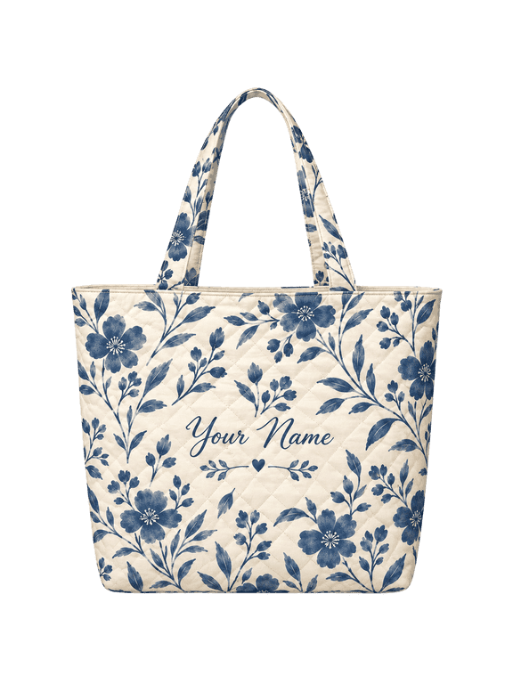 Personalized Floral Quilted Tote Bag, Custom Name Botanical Shoulder Bag for Women