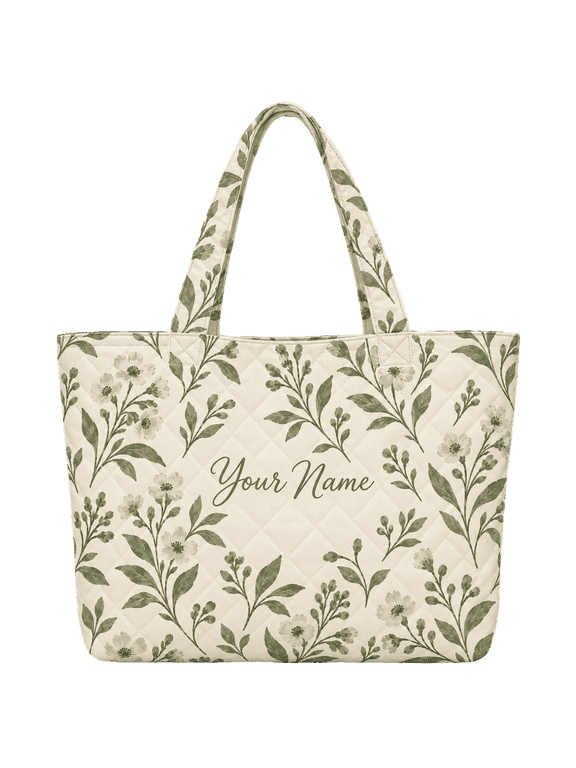 Personalized Floral Quilted Tote Bag, Custom Name Botanical Shoulder Bag for Women
