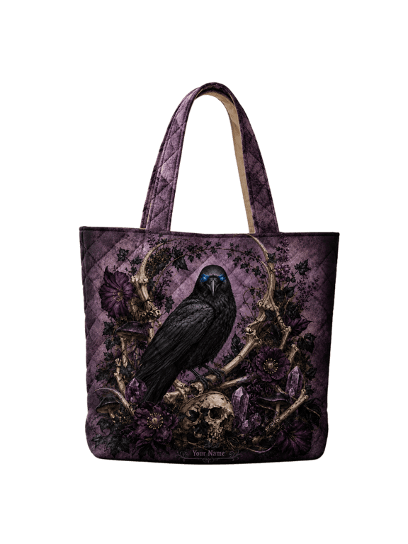 Personalized Gothic Crow Quilted Tote Bag Skull Bird Shoulder Handbag