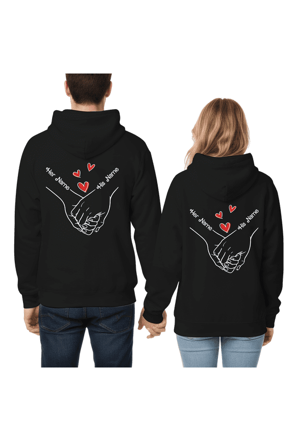 Personalized Holding Hand Graphic Valentines Day Black Classic Unisex Hoodie 2D, Romantic Couple Love Hoodie for Him and Her Custom Name Gift