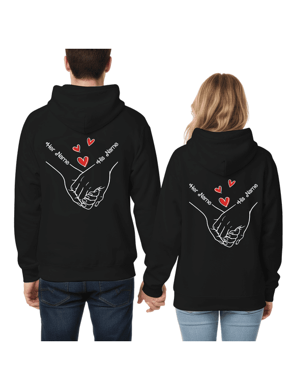 Personalized Holding Hand Graphic Valentines Day Black Classic Unisex Hoodie 2D, Romantic Couple Love Hoodie for Him and Her Custom Name Gift