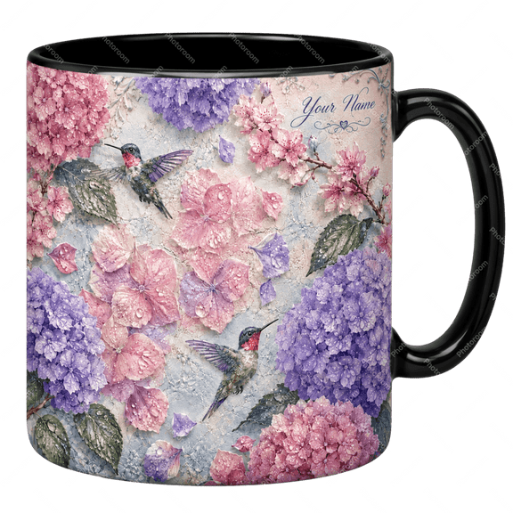 Lotusprint LLC Personalized Hummingbird Hydrangea 2D Print Flat Ceramic Mug, Floral Drinkware Gift For Bird Lovers