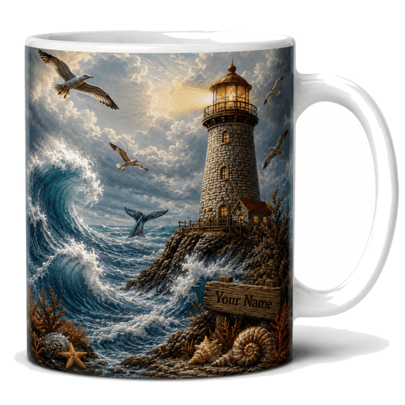 Lotusprint LLC Personalized Lighthouse Ocean 2D Print Flat Ceramic Mug, Coastal Wave Seagull Coffee Cup