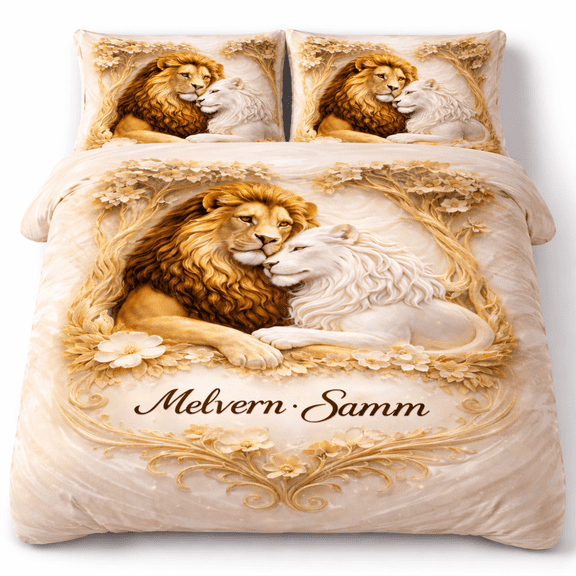 Lotusprint LLC Personalized Lion Couple Bedding Set Bedding Set (88x88), Wildlife Bedroom Decor