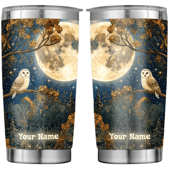 Lotusprint LLC Personalized Moody Full Moon Night Owl Stainless Tumbler 20oz, Autumn Forest Woodland Owl Travel Mug