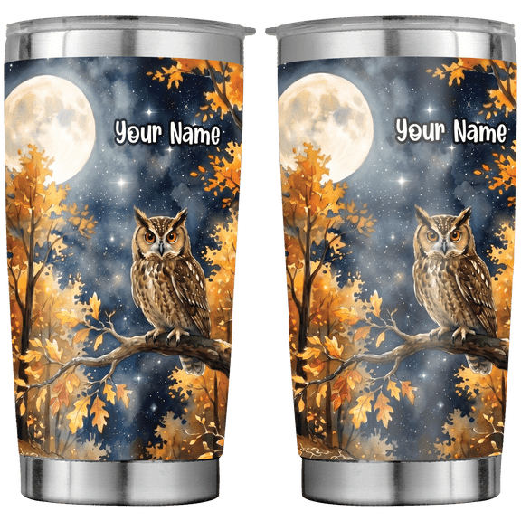 Lotusprint LLC Personalized Moody Full Moon Night Owl Stainless Tumbler 20oz, Woodland Owl Travel Mug, Gift for Owl Lovers