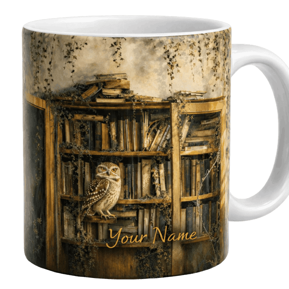 Lotusprint LLC Personalized Owl Library Bookshelf 2D Print Flat Ceramic Mug, Custom Name Gift For Book Lovers , White