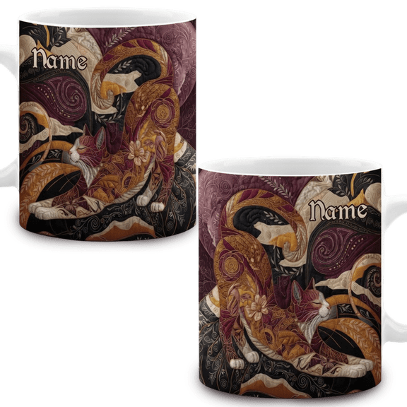 Lotusprint LLC Personalized Patchwork Cat Ceramic Mug, Vintage Floral Kitten Coffee Cup, Cozy Cat Lover Drinkware Gift