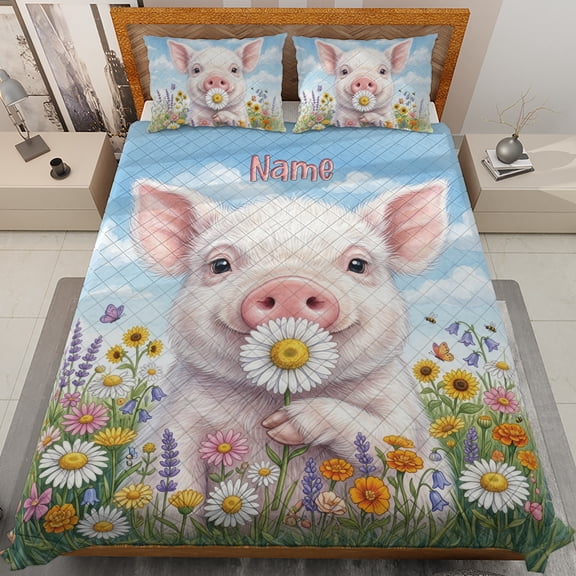 Lotusprint LLC Personalized Pig Quilt Bedding Set, Cute Farm Animal Quilted Comforter Set