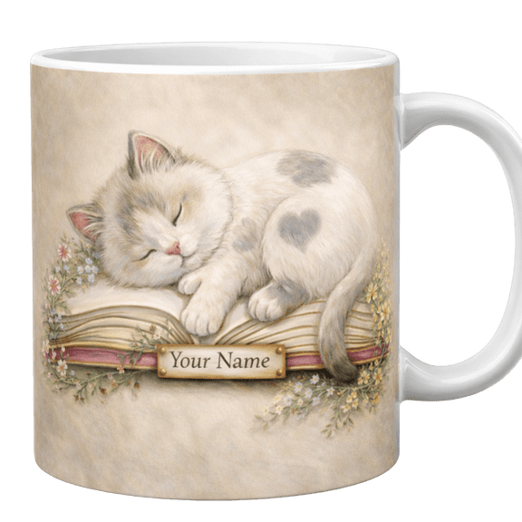 Lotusprint LLC Personalized Reading Cat Accent Mug, Animal Gift Coffee Cup for Daily Use Cute Drinkware