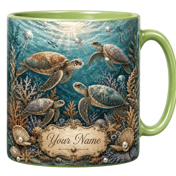 Lotusprint LLC Personalized Sea Turtle Ocean 2D Print Flat Accent Mug, Ocean Animal Cup
