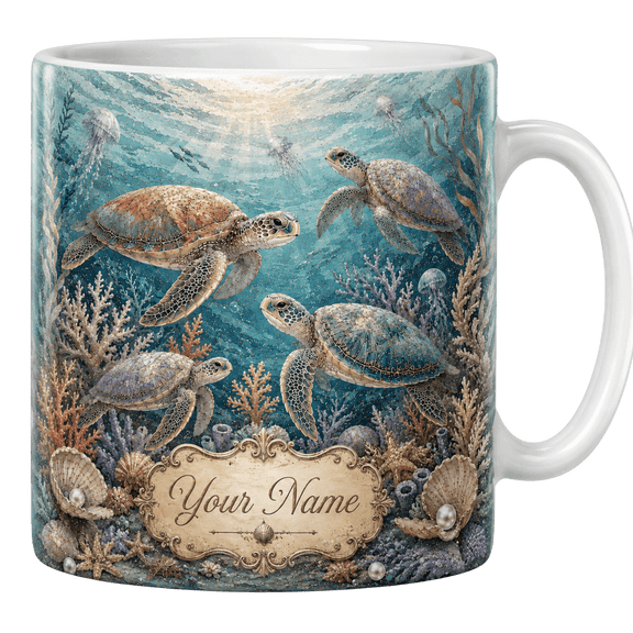 Lotusprint LLC Personalized Sea Turtle Ocean 2D Print Flat Ceramic Mug, Ocean Animal Cup