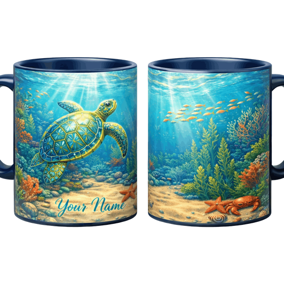 Lotusprint LLC Personalized Sea Turtle Ocean Reef 2D Print Flat Accent Mug, Custom Name Gift For Beach Lovers, Light Blue