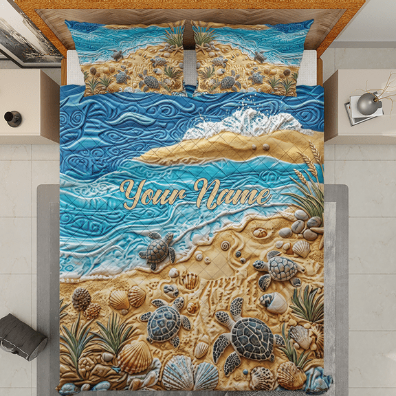 Lotusprint LLC Personalized Sea Turtle Quilt Bedding Set 90x100, Coastal Ocean Decor