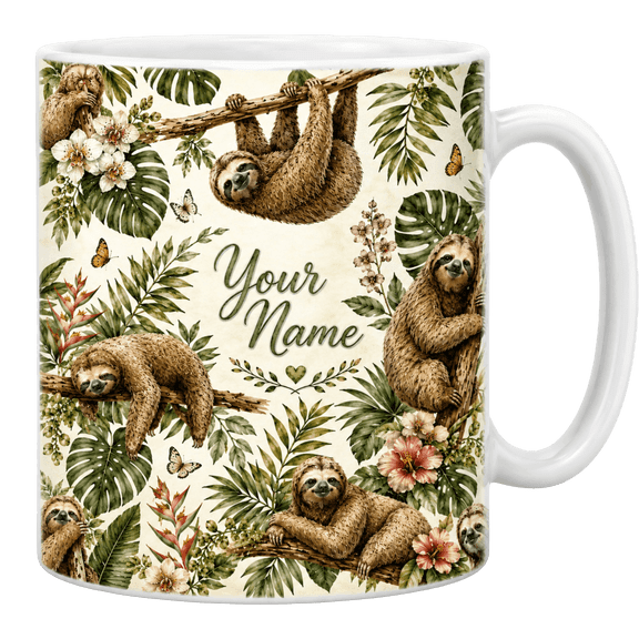 Lotusprint LLC Personalized Sloth Tropical 2D Print Flat Ceramic Mug, Tropical Animal Mug