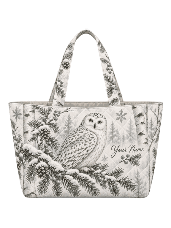 Personalized Snowy Owl Winter Pine Forest Quilted Tote Bag Handbag