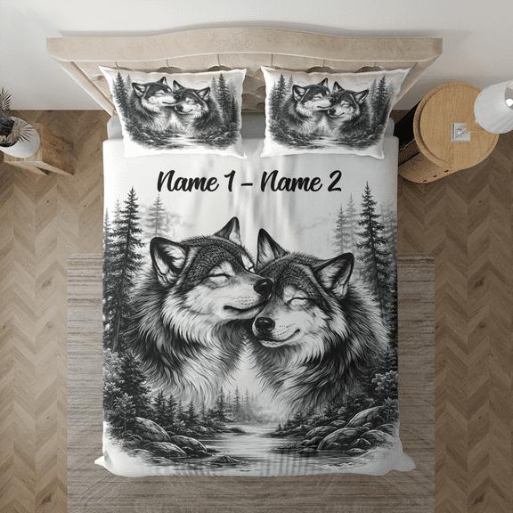 Lotusprint LLC Personalized Wolf Couple Bedding Set (104x88), Romantic Forest Wolf Bedroom Decor for Husband Wife