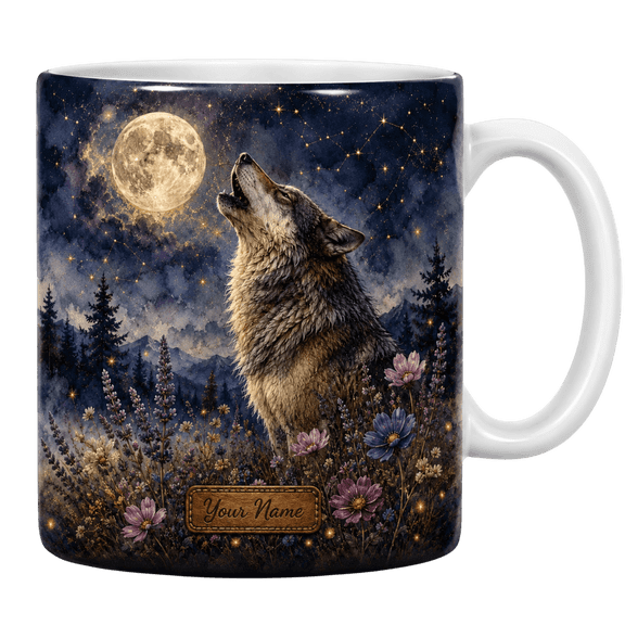 Lotusprint LLC Personalized Wolf Moon 2D Print Flat Ceramic Mug, Night Sky Wildflower Wolf Cup