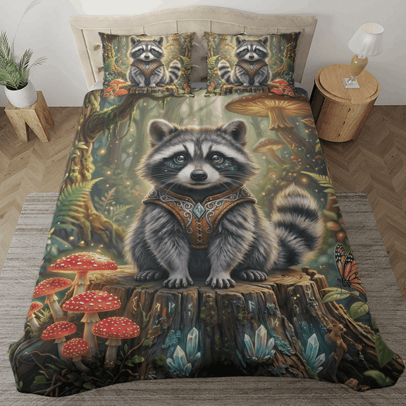 Lotusprint LLC Raccoon Forest Woodland Mushroom Bedding Set, Multicolor, Rustic Woodland Animal Bedroom Decor, Cozy Nature Bed Set