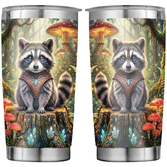 Lotusprint LLC Raccoon Forest Woodland Mushroom Stainless Tumbler 20oz, Rustic Woodland Animal Travel Mug, Cozy Nature Drinkware Gift