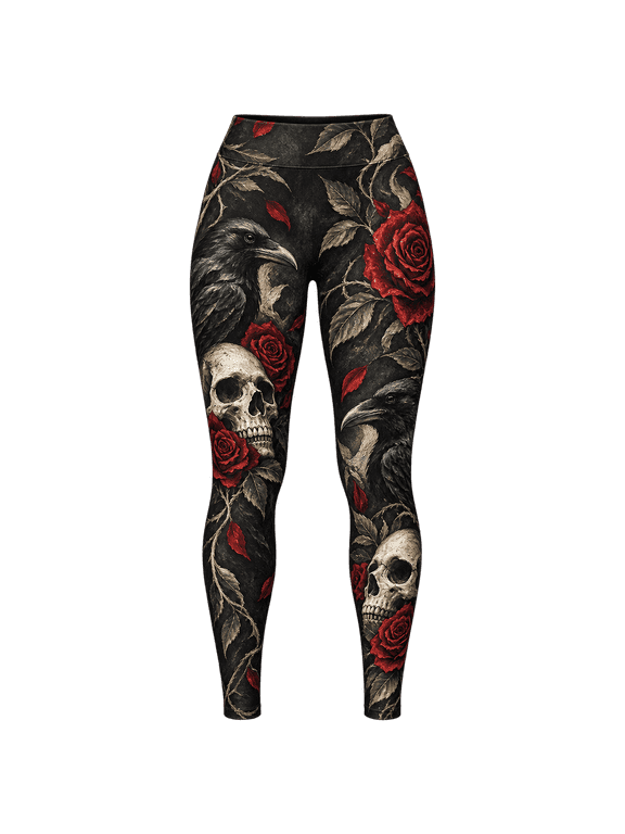 Raven Skull Rose All-over Print Standard Leggings, Dark Gothic Floral Yoga Pants