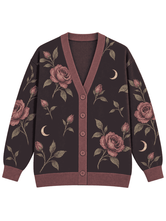Rose Moon Knitted Cardigan, Gothic Floral Sweater, Celestial Button Up Cardigan