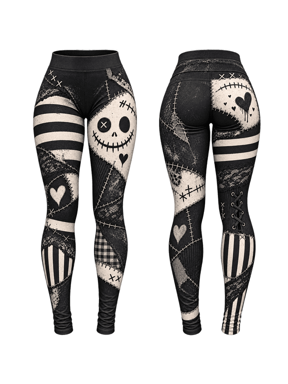 Stitched Patchwork All-over Print Standard Leggings, Gothic Yoga Pants
