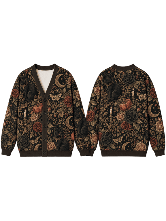 Victorian Cat Floral Knitted Cardigan, Gothic Moon Oversized Button Sweater
