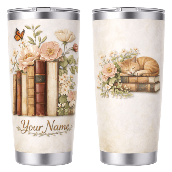 Lotusprint LLC Vintage Books Cat Floral Stainless Tumbler 20oz Flat 2D Print, Cute Reading Aesthetic Coffee Tumbler