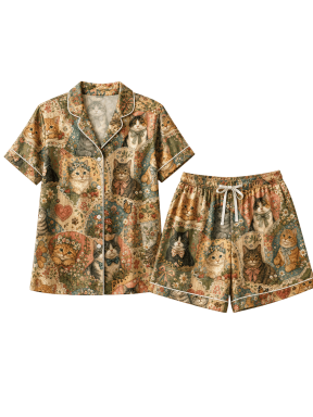 Vintage Cat Patchwork All-over Print Matching Pajamas Set Short-Sleeve, Multicolor, Cat Lover Sleepwear
