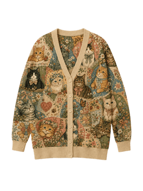 Vintage Cat Patchwork Knitted Cardigan, Floral Kitten Sweater, Cottage Pet Button Up Cardigan