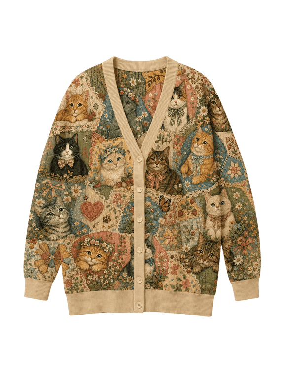 Vintage Cat Patchwork Knitted Cardigan, Floral Kitten Sweater, Cottage Pet Button Up Cardigan