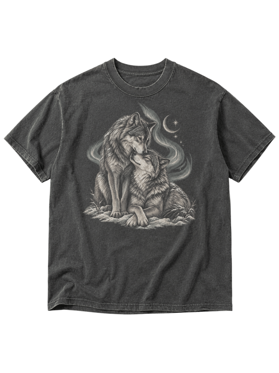 Wolf Couple Moon Classic Unisex T-Shirt Comfort, Vintage Wildlife Romance Graphic Tee, Nature Lover Gift