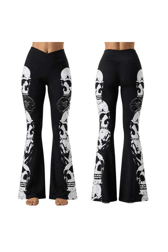 2D Print Monochrome Floral Custom All-over Print Flare Leggings, Black Graphic Yoga Pants