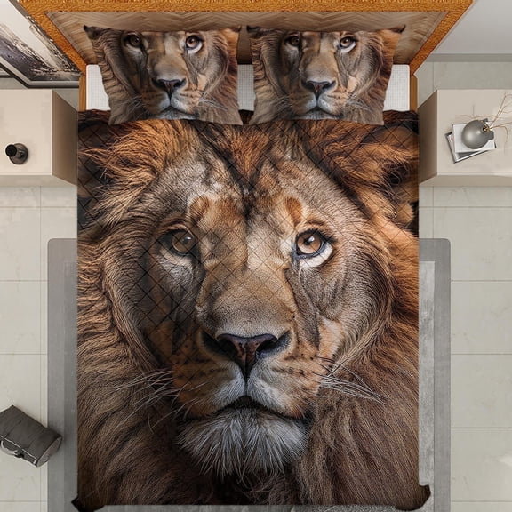 Lotusprinthandmade 3D Brave Lion Quilt Bedding Set, White Binding, 70x80