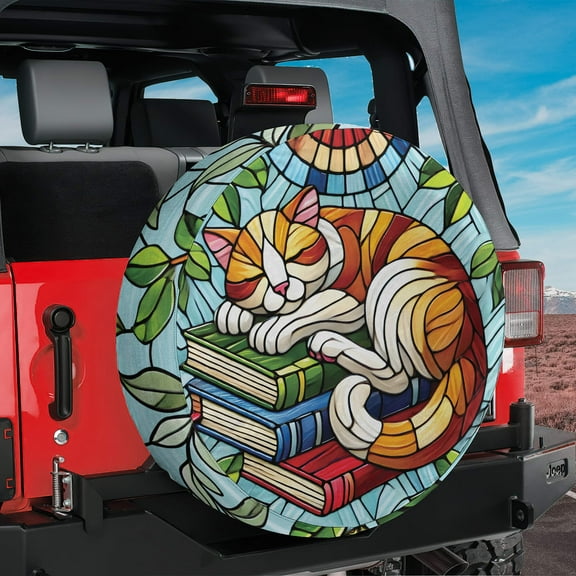 Lotusprinthandmade 3D Cat Sleeping On Books Spare Tire Cover Without Backup Camera Hole 6 Sizes (27 in.)