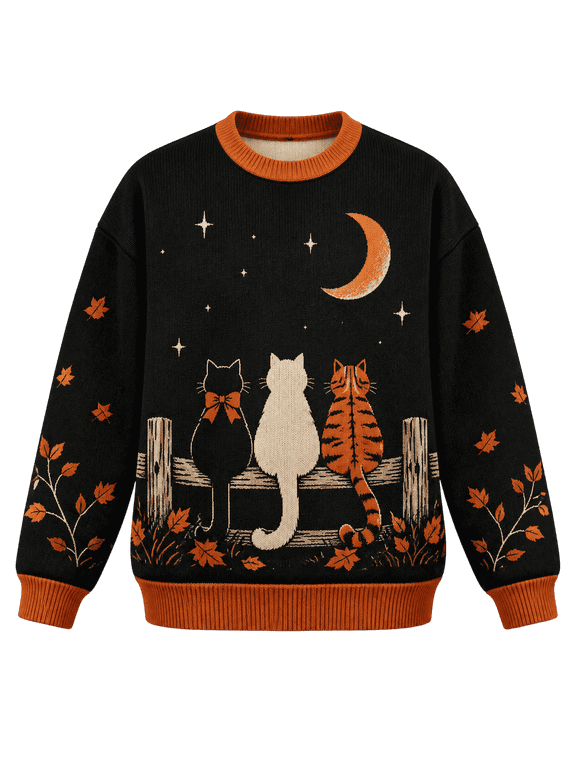 3D Effect 2D Printed Black Cat Moon Knitted Sweater, Autumn Night Top