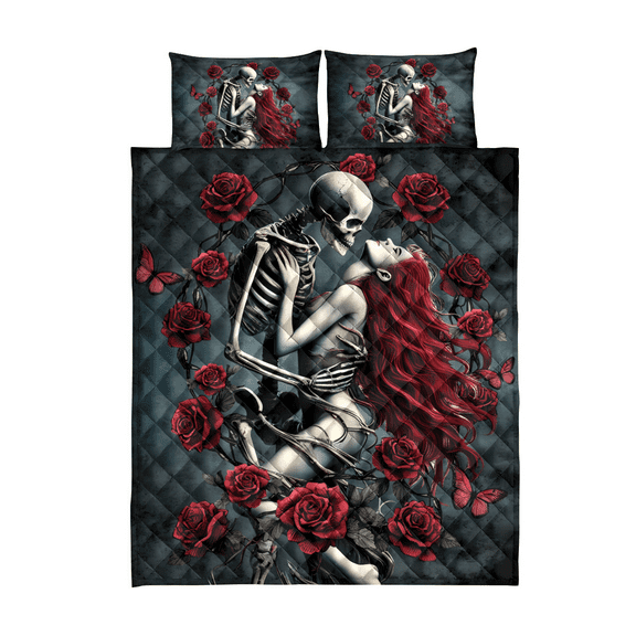 Lotusprinthandmade 3D Horror Gothic Skeleton Skull Couple Quilt Bedding Set (Fold Hem) 5 Sizes (Made in Vietnam) (55x60), Horror Skull Quilt Bedding, Gothic Skull Couple Quilt Set