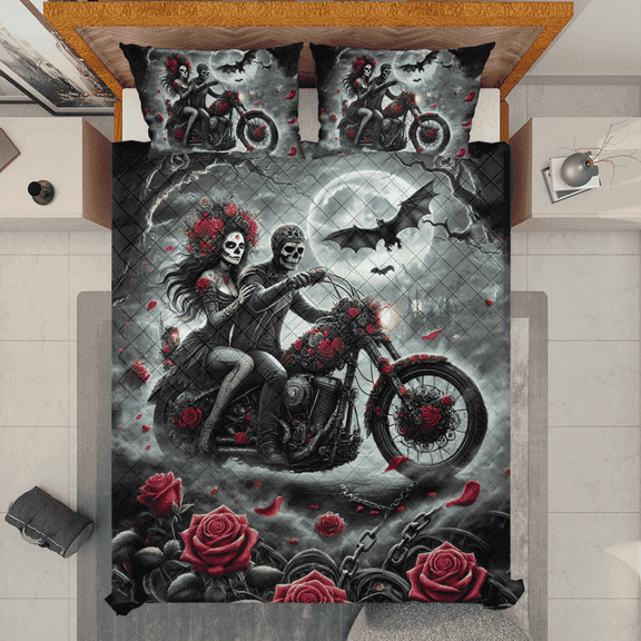 Lotusprinthandmade 3D Horror Gothic Skeleton Skull Couple Quilt Bedding Set, White Binding, 60x70
